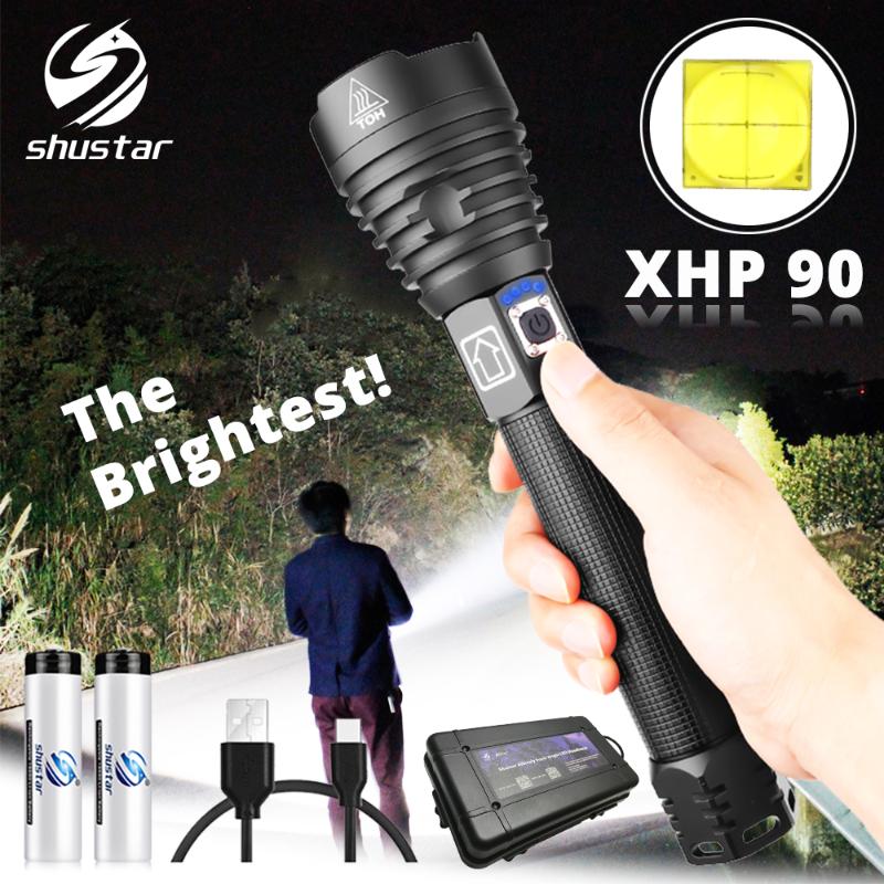 

The brightest XHP90 LED Tactical waterproof Torch 3 Lighting modes Zoomable Hunting camping lamps By 18650 or 26650