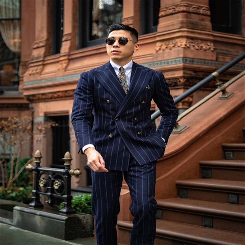 two piece navy wedding double breasted tuxedos notched lapel trim fit men suits for wedding fit slim custom made bridegroom suits