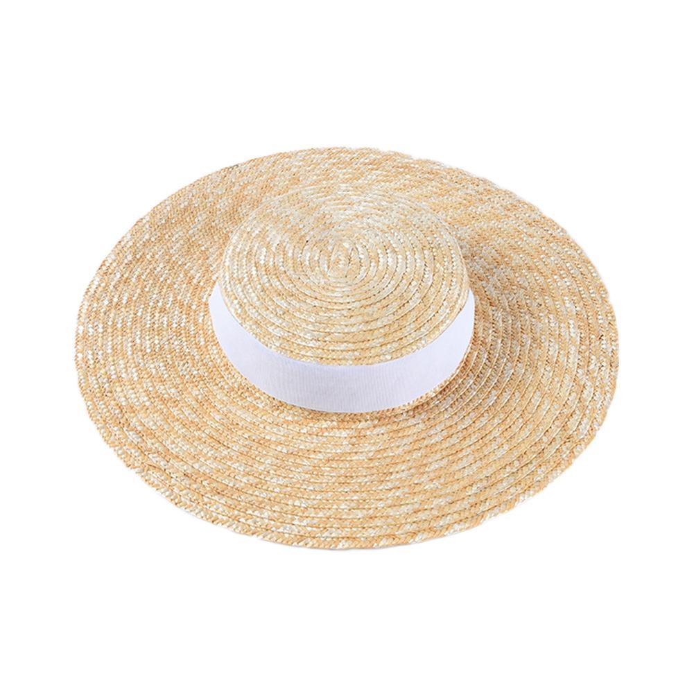 Wide Brim Boater Hat 10cm 15cm Brim Straw Hat Flat White Black Ribbon Tie Sun Hat Beach Cap For Women In Summer Sunshade Cap New Y200619