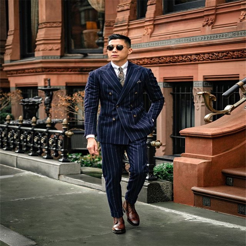 two piece navy wedding double breasted tuxedos notched lapel trim fit men suits for wedding fit slim custom made bridegroom suits