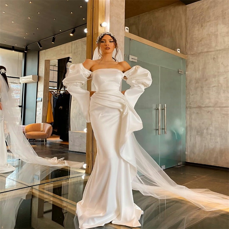 Sexy Mermaid Wedding Dresses Capped Sleeves Strapless Ruched Satin Garden Wedding Dress Generous Custom Made Long Robes De Mariée Cheap