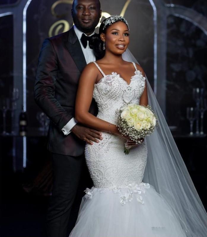2020 African Plus Size Mermaid Wedding Dresses Spaghetti Straps Appliqued Lace Beads Wedding Dress Bridal Gowns robes de mariée