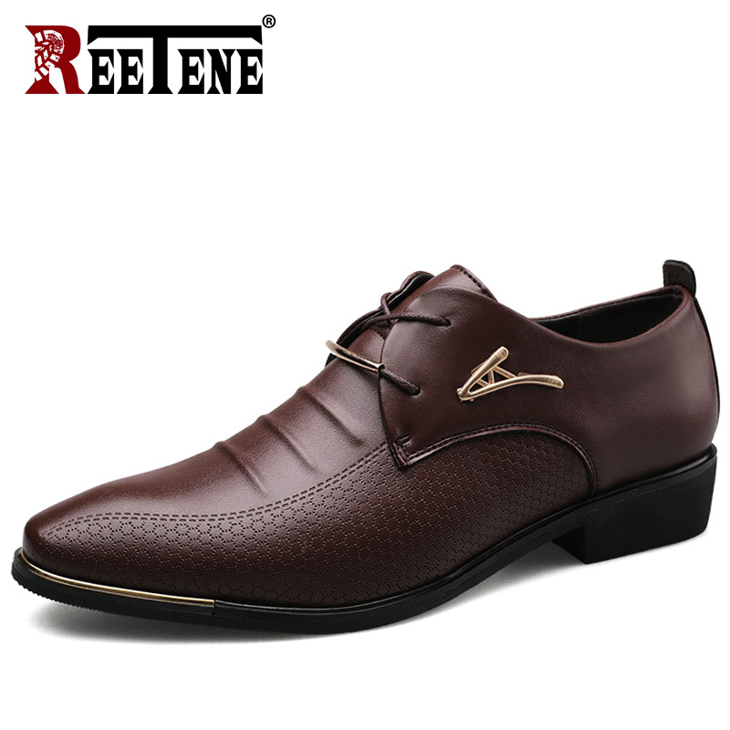 REETENE Men'S Leather Formal Shoes Lace Up Dress Shoes Oxfords Fashion Retro Elegant Work Footwear Men Dress Shoes CX200731