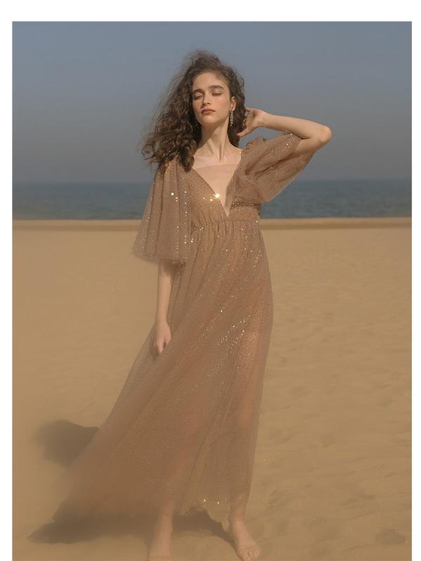 Original Design AIGYPTOS Summer Women Bohemia Beach Casual Dresses Sexy V-Neck Backless Elegant Slim Sequins Mesh Long Dresses, Dark champagne
Original Design AIGYPTOS Summer Women Bohemia Beach Casual Dresses Sexy V-Neck Backless Elegant Slim Sequins Mesh Long Dresses, Dark champagne