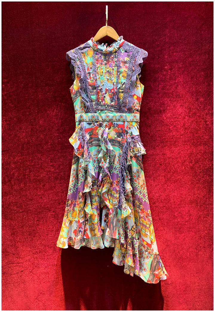 Fashion splicing design sense dress stand-up collar short-sleeved slimming waist irregular waistcoat middle skirt summer new products, Multi
Fashion splicing design sense dress stand-up collar short-sleeved slimming waist irregular waistcoat middle skirt summer new products, Multi