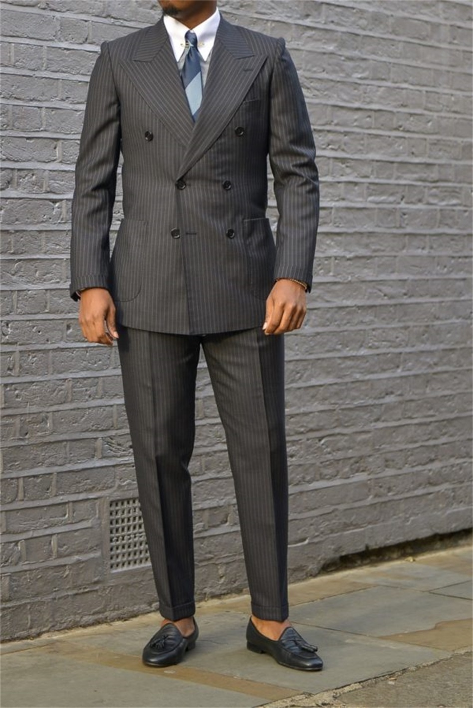 Plus Size Gray Pinstripe Wedding Tuxedos Double Breasted Peaked Lapel Groom Wear Party Prom Best Men Blazer Suit(Jacket+Pants)