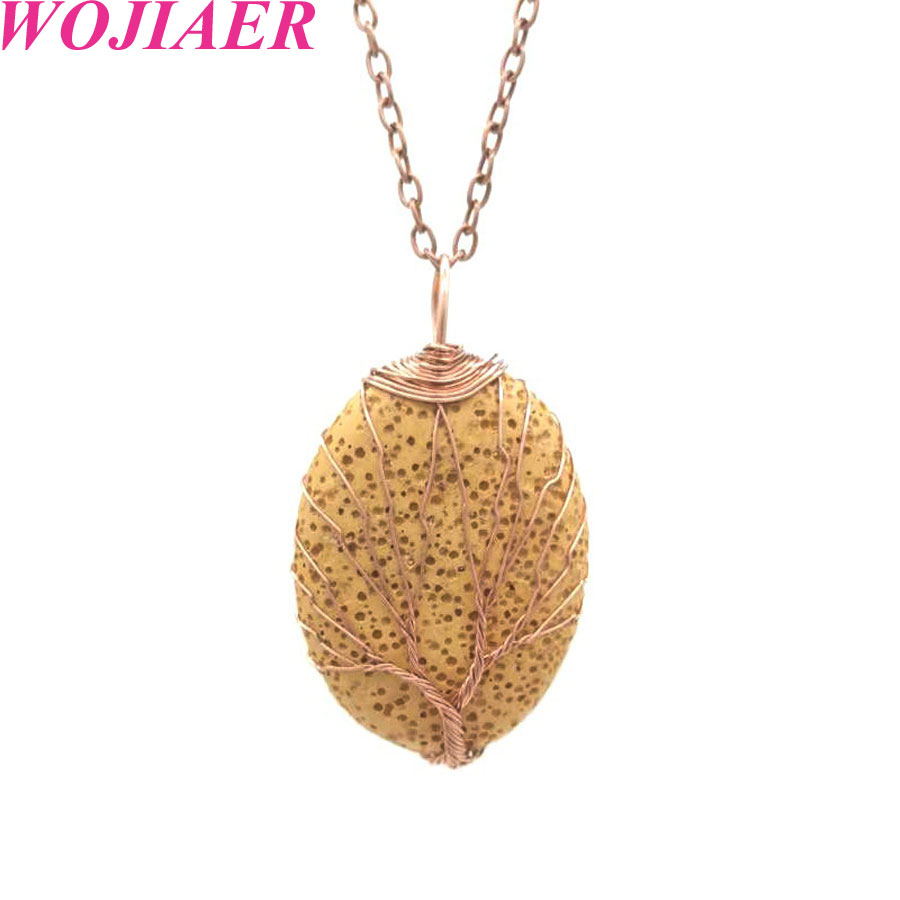 WOJIAER Retro Rose Gold Color Wire Wrap Natural Lava Stone Necklaces & Pendants Pendulum Volcanic Rock Oval Tree of Life Jewelry BV915