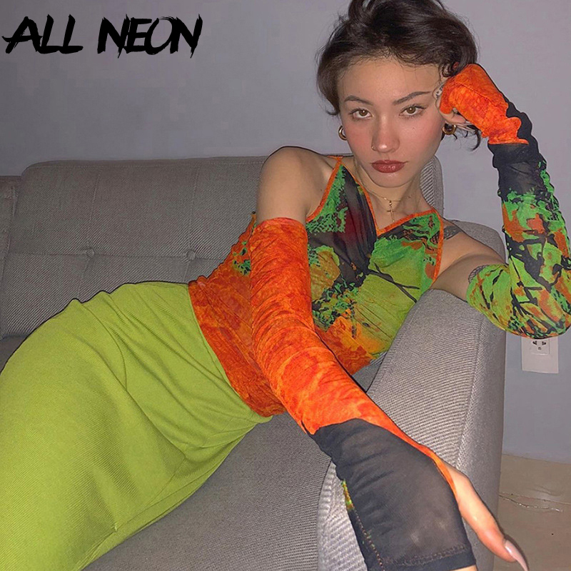 ALLNeon Punk Open Shoulder Transparent Crop Tops Graffiti Graphic V-neck Long SLeeve with Gloves Ruched Front Mesh T-shirts Y2K MX200721