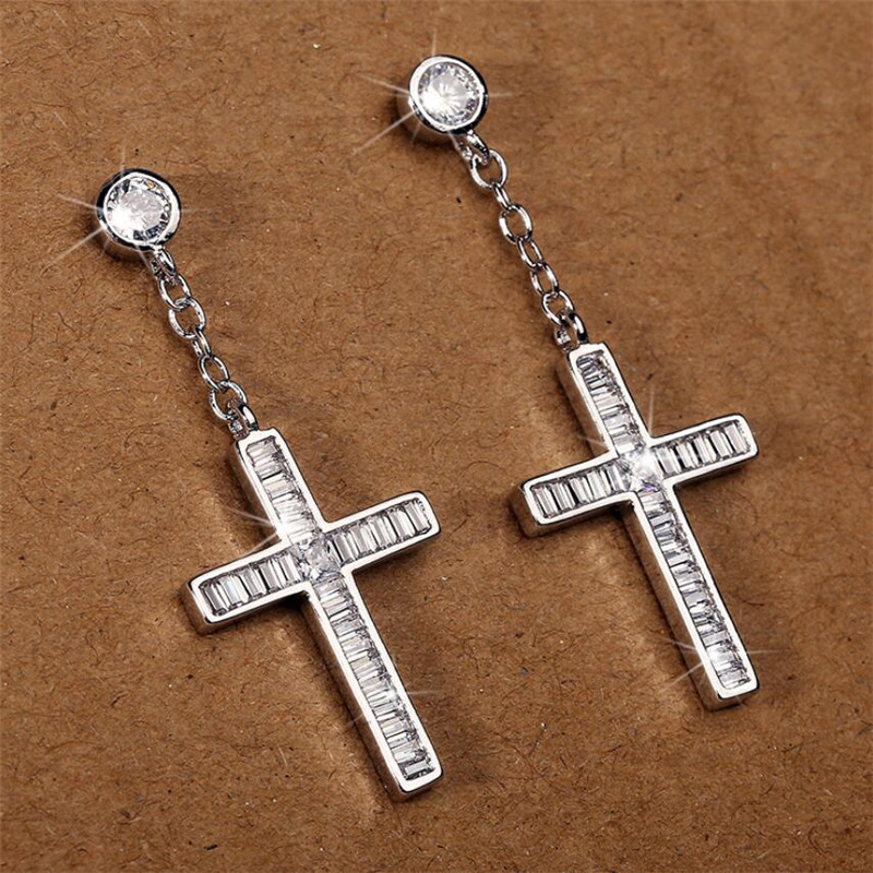 2024 Sparkg Cross Dangle Earrings: Sterg Sier, Princess Cut White Topaz, Jewelry Gift for Women
