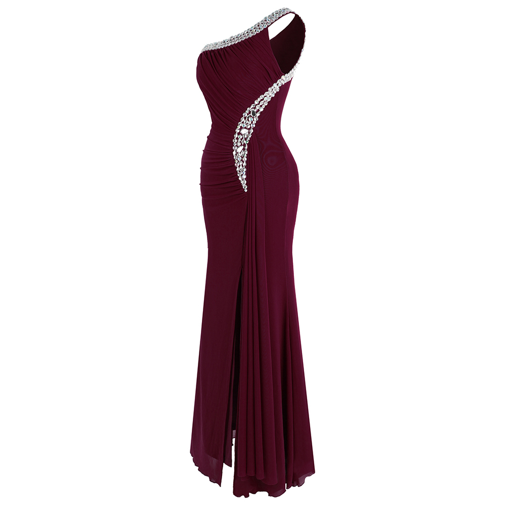 Angel-fashions Women's One Shoulder Evening Dress Long Pleated Beading Formal Party Gown wine red 411 T200604