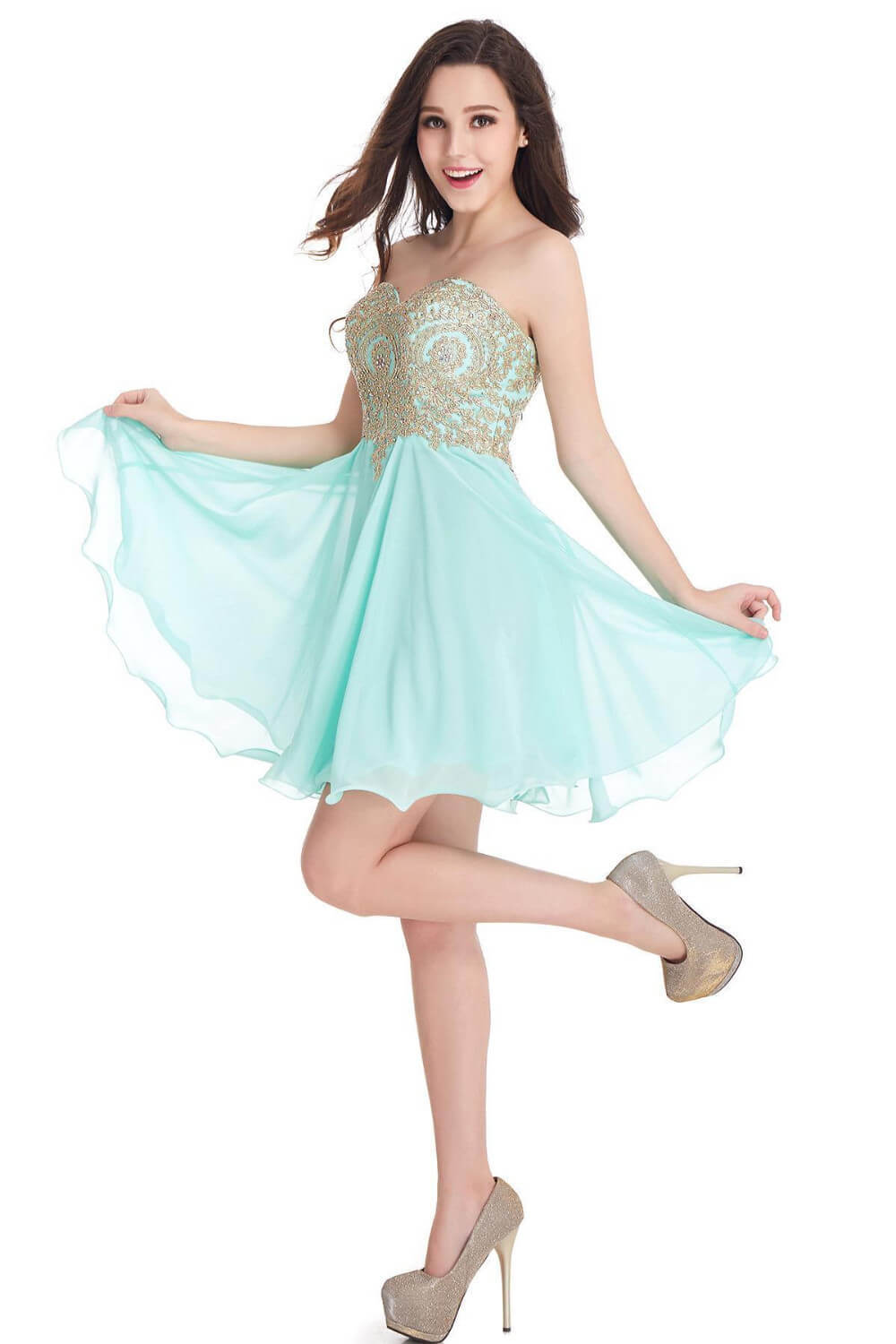 Babyonblinedress Sexy Open Back Mint Green Gold Lace Homecoming Dresses Sweetheart Neck Chiffon Short Evening Prom Dresses CPS406