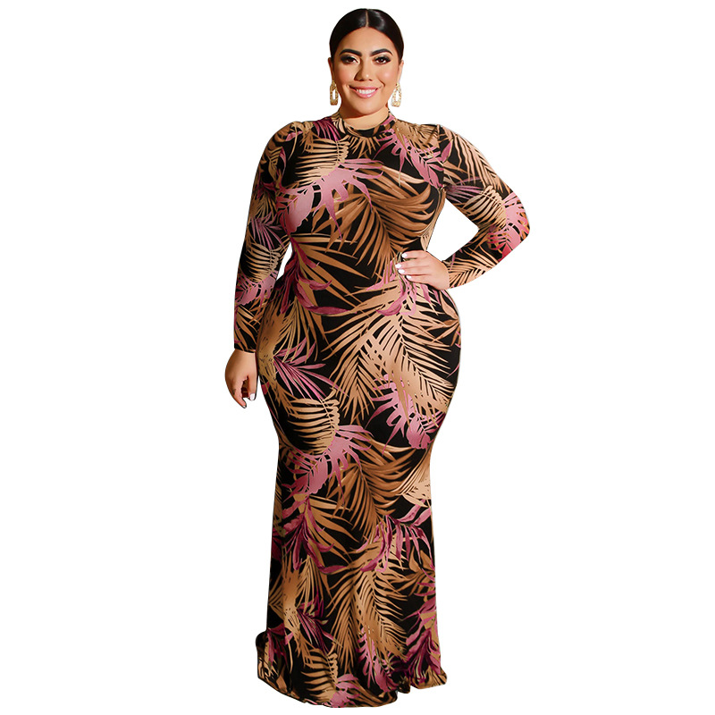 arab dubai plus size long dress tightfitting sexy bag hip hollow waistband dress long sleeves leaf print long womens dress cheap