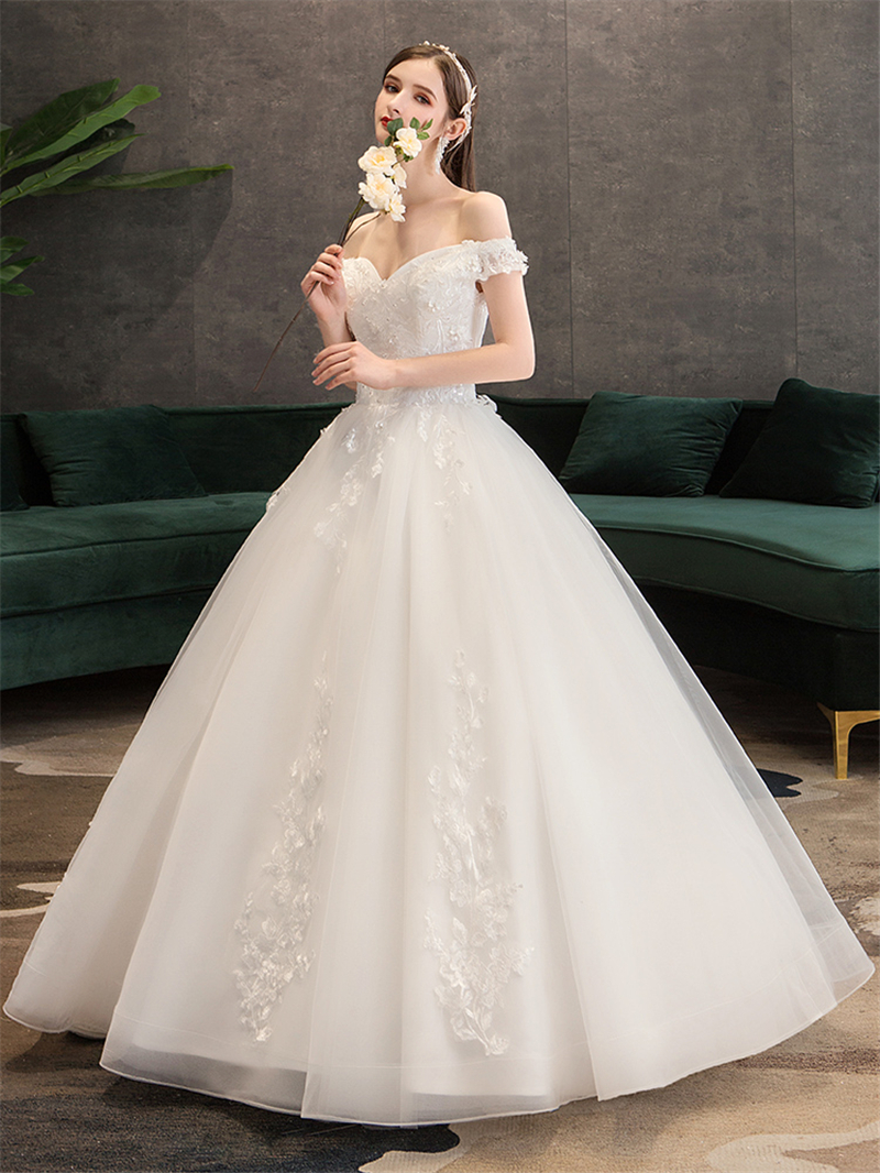 Plus Size Lace Flowers Peals Wedding Dresses Simple Elegant Wedding Gowns Bride Dress Boda robe de mariee Boat neck Off Shoulder