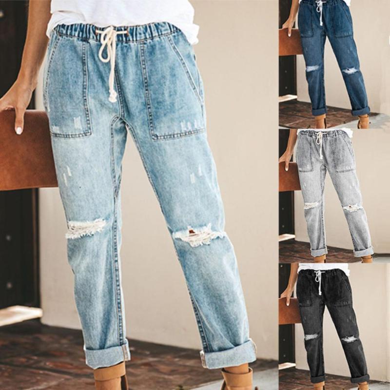 Fashion Distressed Knee Ripped Women Summer Holes Loose Trouser Drawstring Elastic Waist Pockets Long Pencil Denim Jeans Pants, Light blue
Fashion Distressed Knee Ripped Women Summer Holes Loose Trouser Drawstring Elastic Waist Pockets Long Pencil Denim Jeans Pants, Light blue