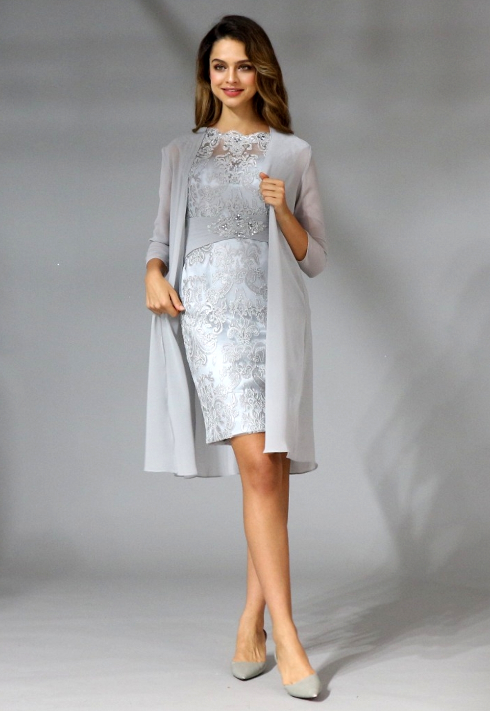 Lace Chiffon Mother Of The Bride Dresses Plus Size Tea Length Two Pieces With Jacket For Wedding Evening Dress