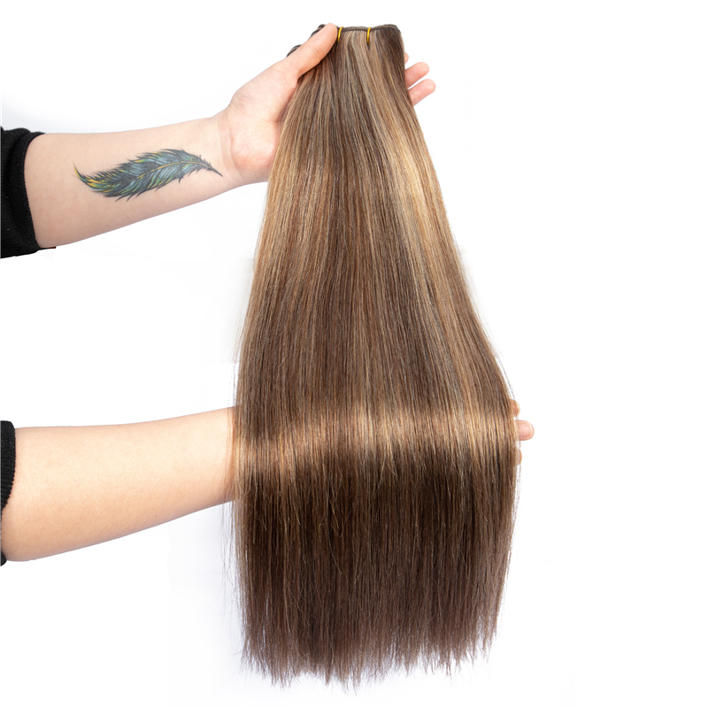 Highlights Human Hair Weave Piano Color #4 mixed with #27 Virgin Peruvian Weft Extensions Slik Straight Bundles