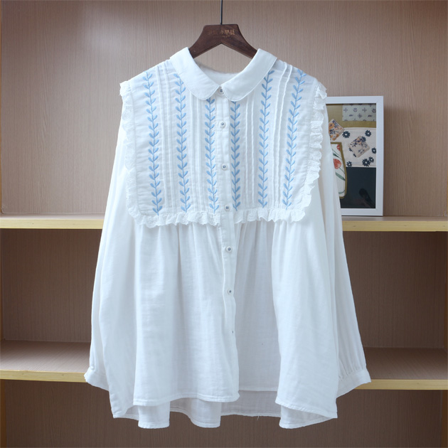 Retro style small fresh embroidered pleated double yarn shirt hollow lace cotton shirt, White
Retro style small fresh embroidered pleated double yarn shirt hollow lace cotton shirt, White