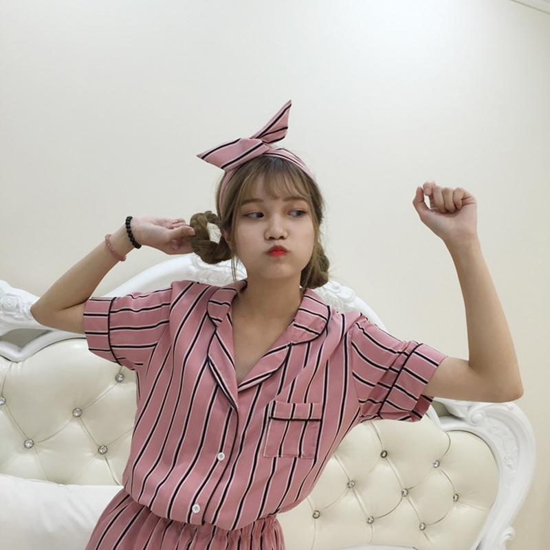 3PCS/Set Women Casual Nightdress Sleepwear Vertical Stripe Short-sleeved Pajamas + Shorts + Hair Band Home Wear Ladies Underwear Y200708