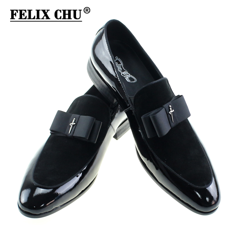 Handmade Genuine Patent Leather And Nubuck Leather Patchwork With Bow Tie Men Wedding Black Dress Shoes Men's Banquet Loafers CX200731