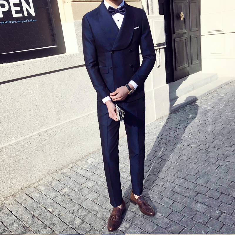 Handsome 2-piece Formal Men Suits Double Breasted Satin Custom Made Suits Tuxedos Party Formal Business Peaked Lapel Blazer Suits For Man
