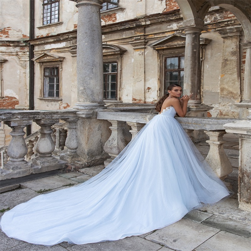 light sky blue bling aline wedding dresses illusion custom made backless appliqued sequins bridal gown sweep train boho bridal gown
