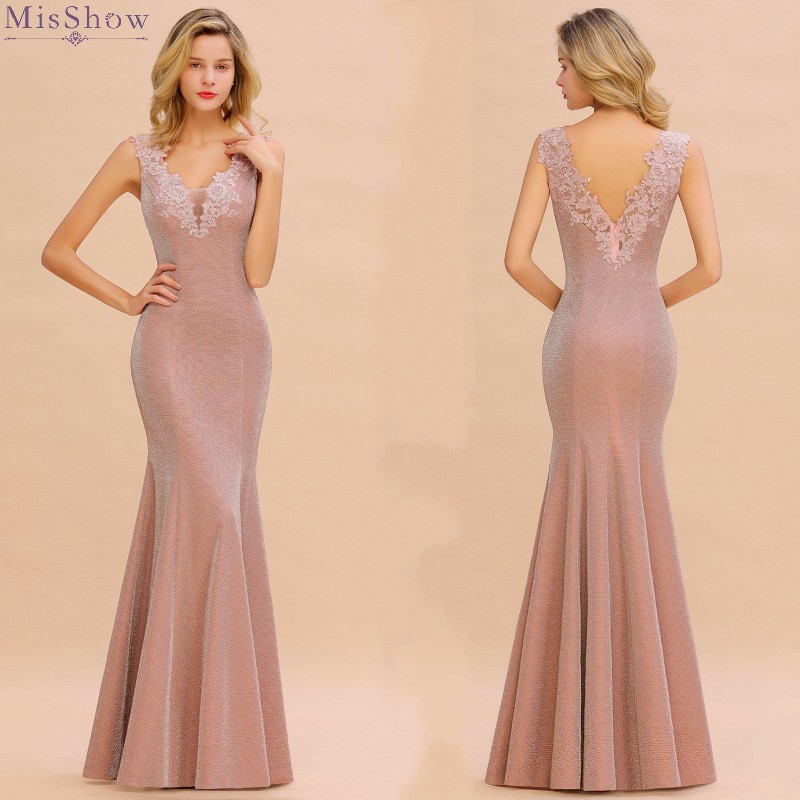 Babyonlinedress Prom Dresses 2019 Long Pink Mermaid Formal Party Gown Elegant Lace Applique V Neck Sleeveless vestidos de gala CPS1344