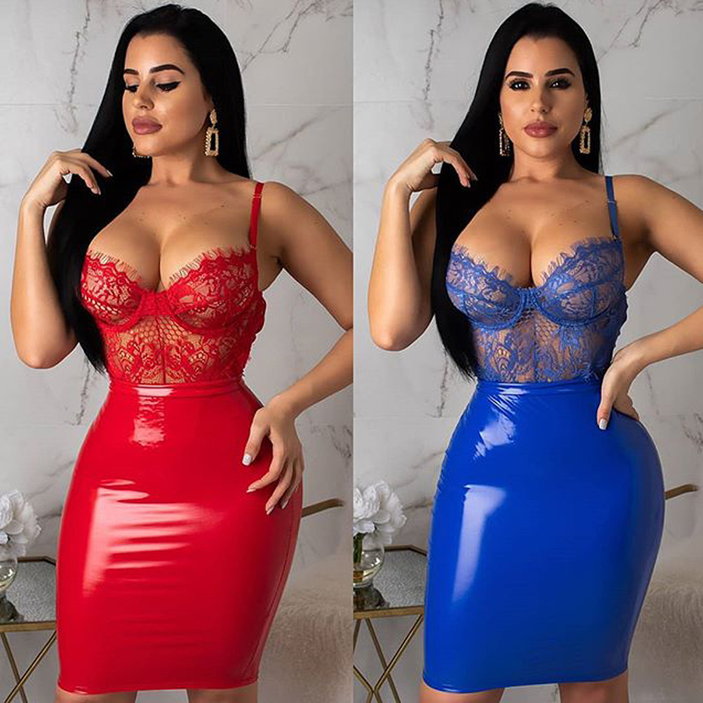 Women Dress Sexy Lace PVC Patchwork Bodycon Wet Look PU Clubwear Evening Package Hip Night Red Blue Black Tight Dating Clothing T200320