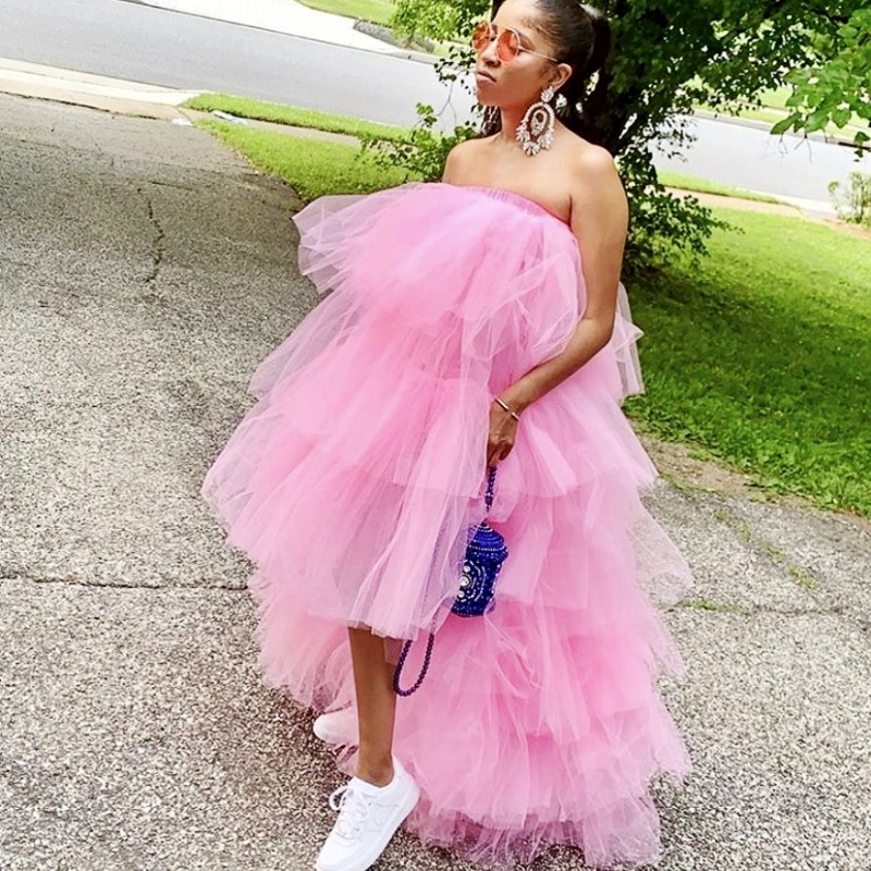 Trendy Baby Pink High Low Party Dresses Tulle Skirts Elastic Waist Ruffle Tiered Women Tutu Skirt Cocktail Prom Dress Maxi Tulle bottom