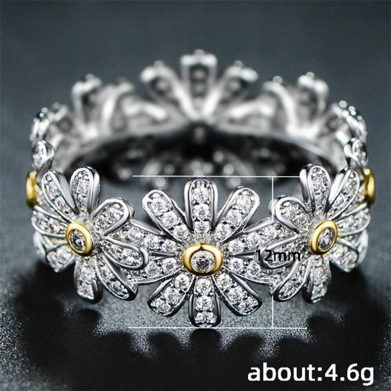 New Sparkling Vintage Fashion Jewelry 925 Sterling Silver&Gold Fill Chrysanthemum Pave White Sapphire CZ Diamond Women Wedding Band Ring Set