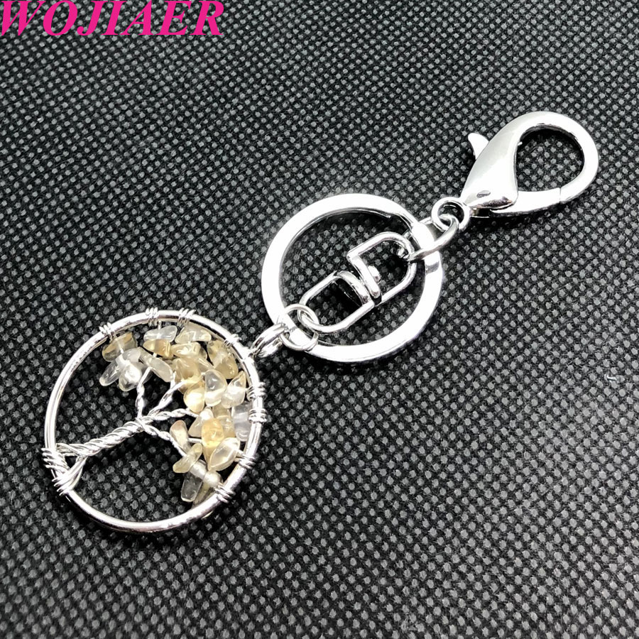 WOJIAER Natural Stone Key Chains Tiger s Eye Obsidian Tree of Life Reiki Pendant Crystal for Bag Car Ladies Jewelry DBW911
