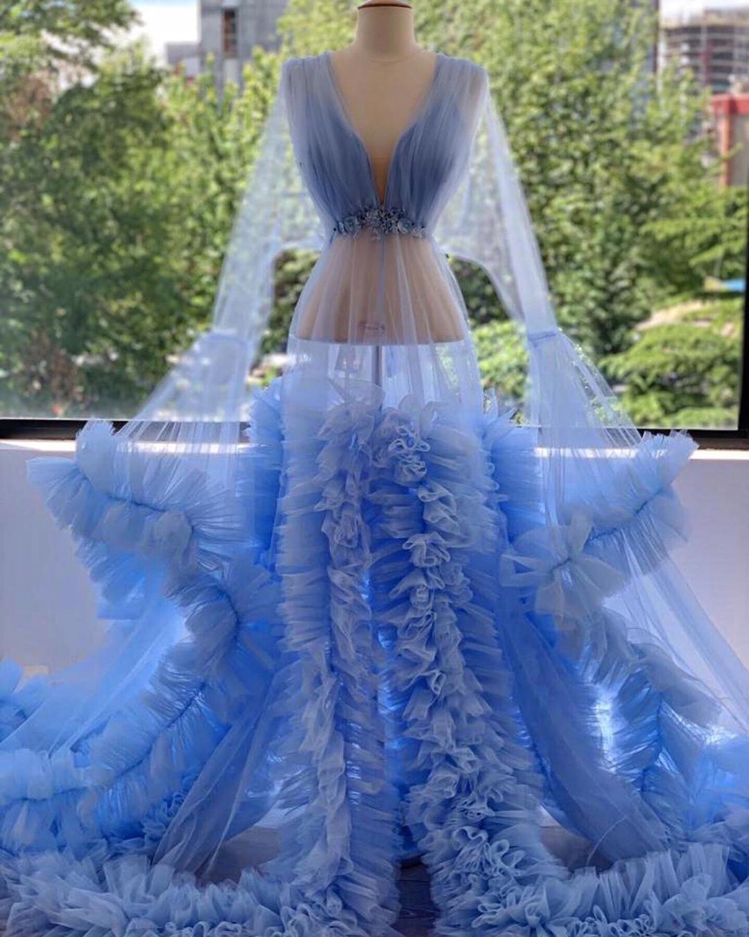 Light Blue Ruffles Evening Dresses Plus Size Tulle Appliqued Formal Prom Gowns Handmade Puffy Special Occasion Dress