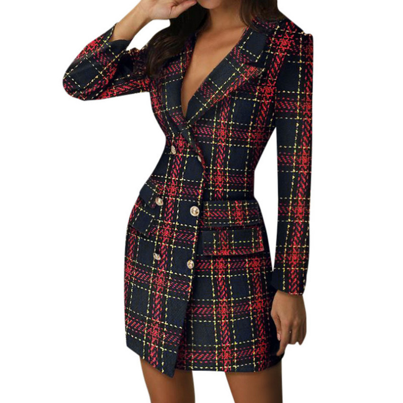 2020 New Fall Tailored Coat Women Office Ladies Plaid Red Slim Double Breasted Coat Dress Ladies V neck Vintage Female