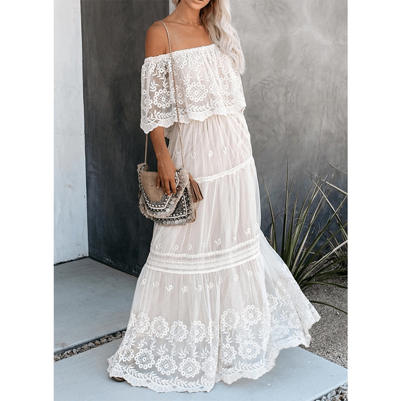 Women Lace Maxi Dresses Off Shoulder Solid White Long Dress Fashion Summer Flounce High Waist
