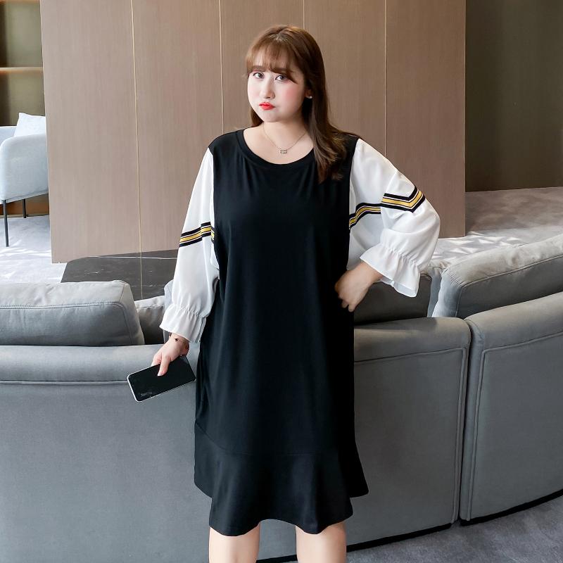 Women's summer solid color round neck stitching bat sleeve commuter dress plus size calf length casual wear 100 kg can be worn, Black
Women's summer solid color round neck stitching bat sleeve commuter dress plus size calf length casual wear 100 kg can be worn, Black