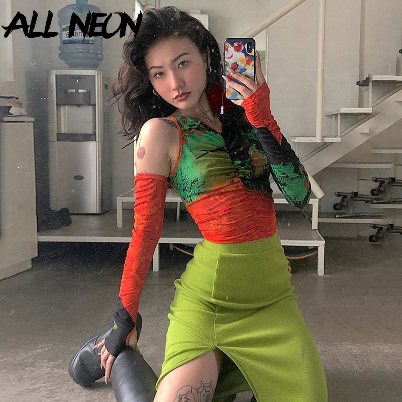 ALLNeon Punk Open Shoulder Transparent Crop Tops Graffiti Graphic V-neck Long SLeeve with Gloves Ruched Front Mesh T-shirts Y2K MX200721