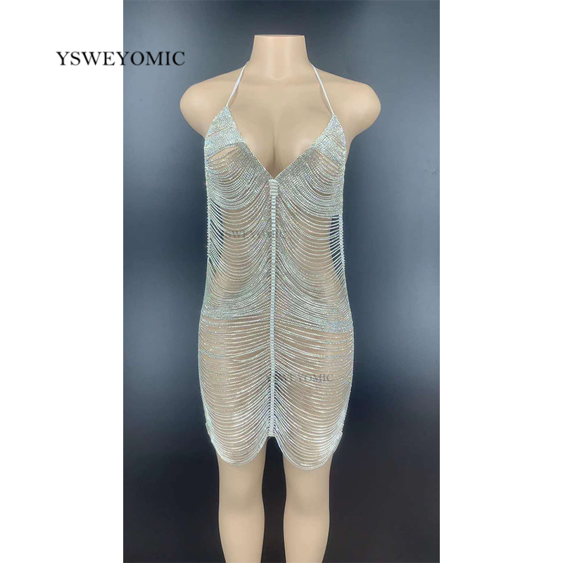 Sexy Dress Flashing Silver Rhinestone Chains Backless Short Dress Women Dancer Hollow Outfit Prom Birthday Celebrate, As pic
Sexy Dress Flashing Silver Rhinestone Chains Backless Short Dress Women Dancer Hollow Outfit Prom Birthday Celebrate, As pic