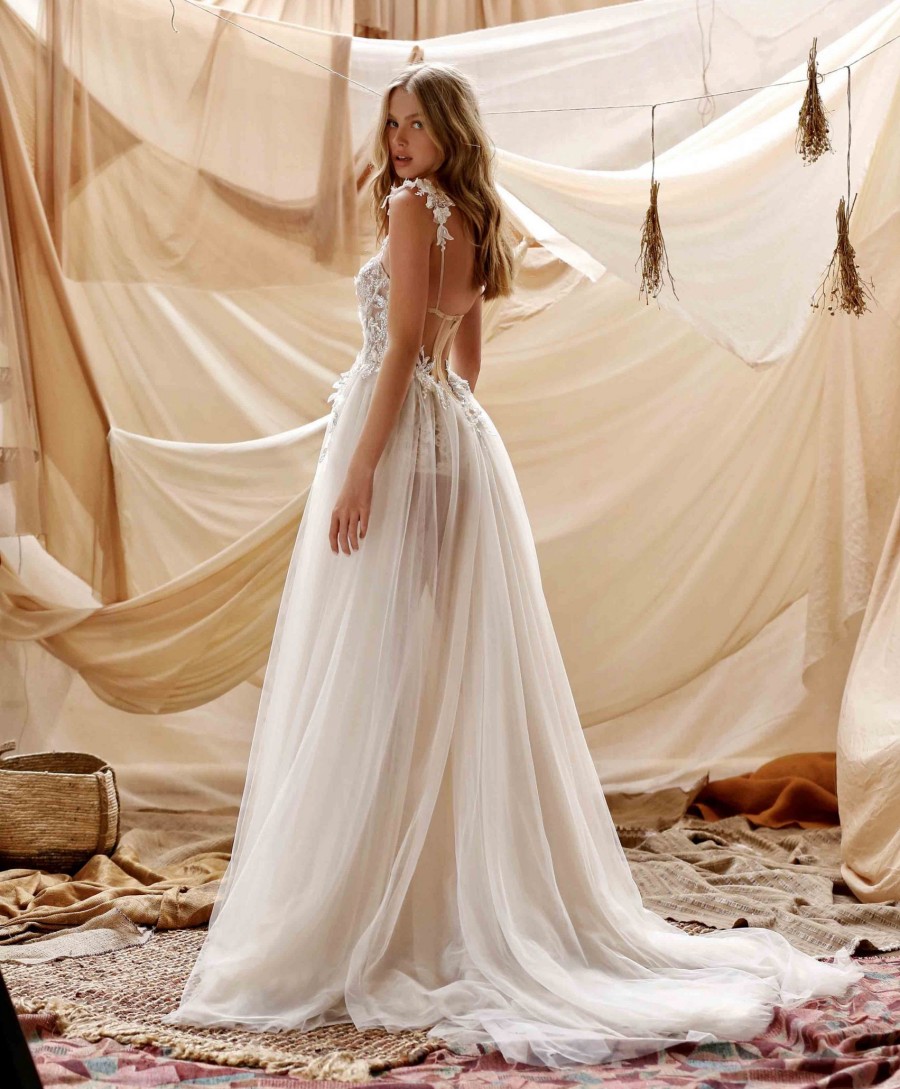 Beaded Berta Stunning Beach Wedding Dresses Sweetheart Neck A Line Appliqued Side Split Bridal Gowns Sequined Sweep Train Robe De Marie ppliqued
