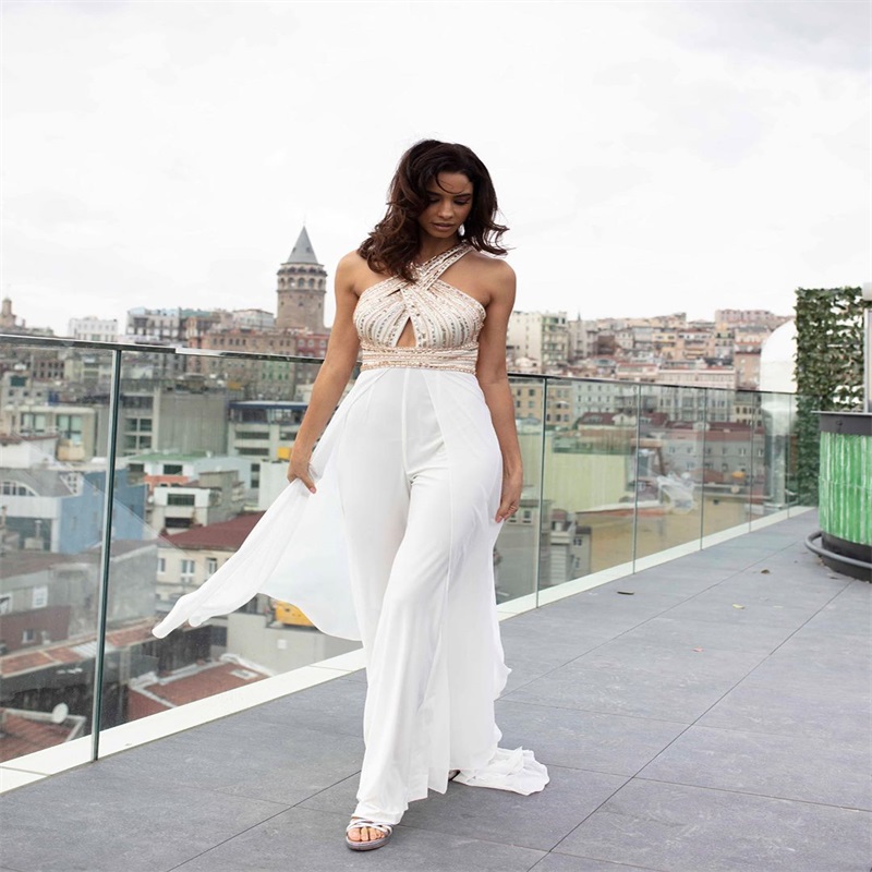 Newest Evening Jumpsuits Sequins Sash Ruched Chiffon Party Gowns Cross Neck Sleeveless Sweep Train Custom Made Prom Dress Robes De Soirée
