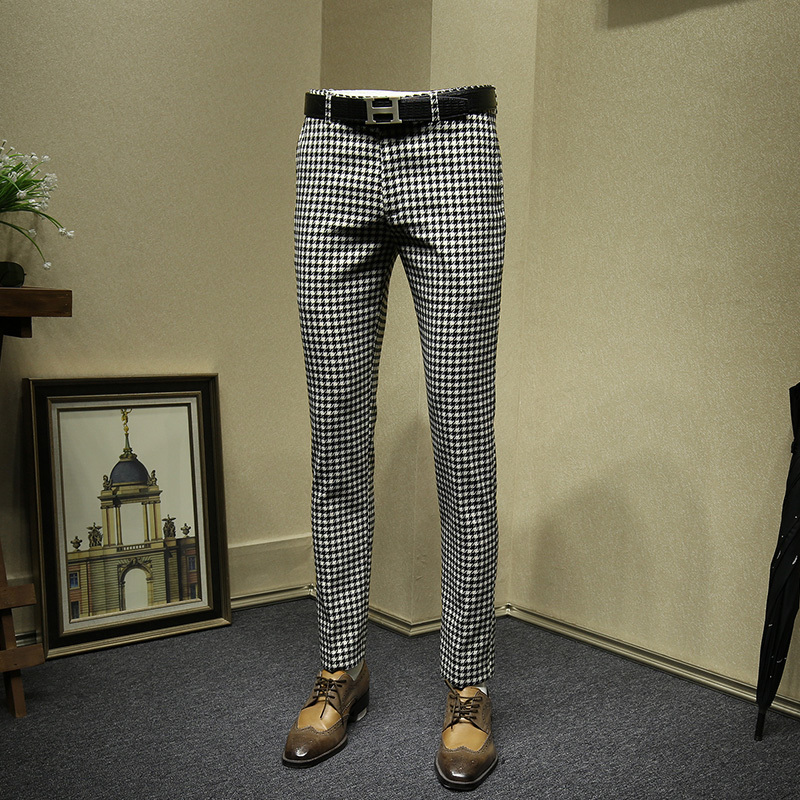 mens dress pants formal business slim fit fashion streetwear black white plaid suit pant wedding groom wear father day gift 36 CX200728