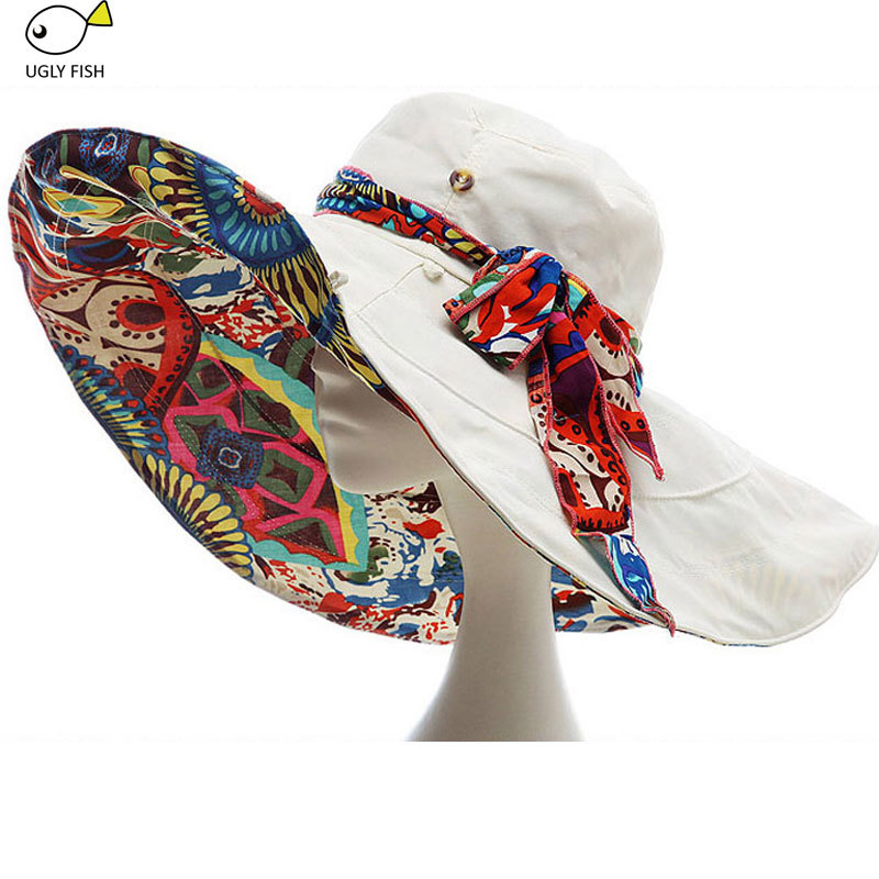 Sun Hats ! Hats Sun Hats For Women Summer Large Beach Hat Flower printed wide brim Y200619