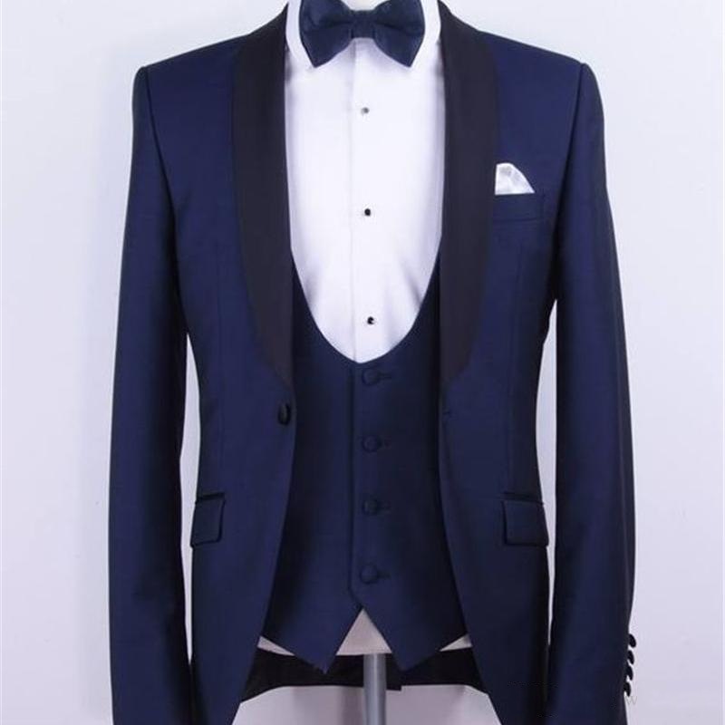 Blue Classic Fit Men Suits for Wedding Wear Shawl Lapel Three Piece Groom Tuxedos Formal Suit Jacket Pants Vest, Black
