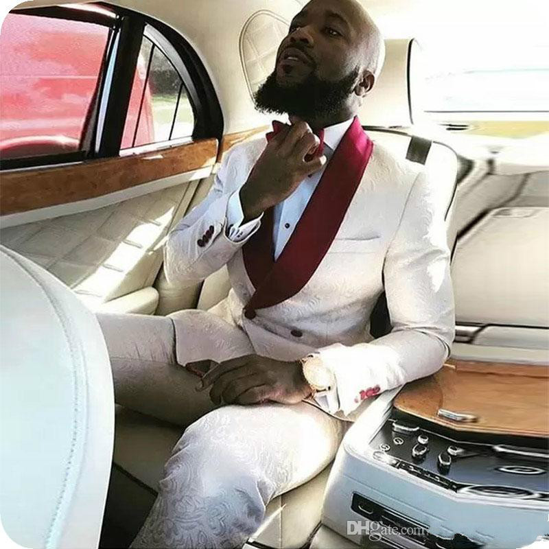 Handsome White Men Tuxedos Groom Wedding Suits One Button Two Piece Groom Suit Red Peaked Lapel Slim Man Blazer Men Prom Evening Wear