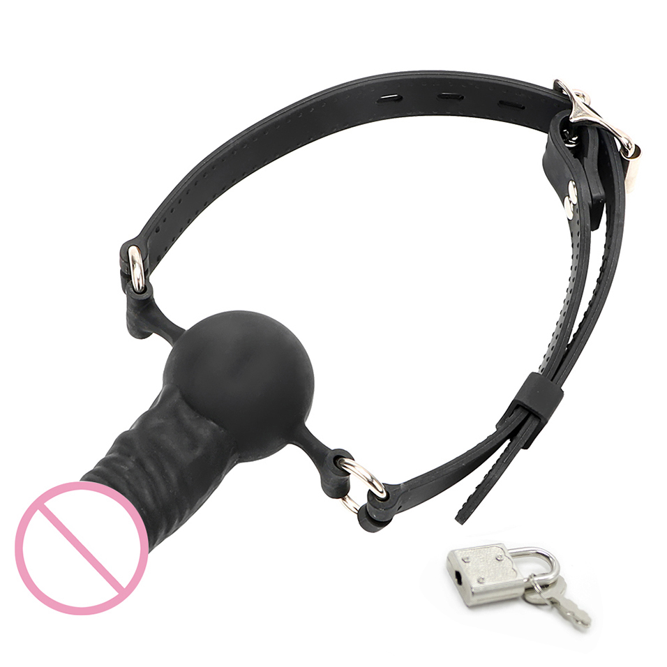 camaTech Strapon Penis Gag Full Silicone Dildo Gag Plugs with Locking Buckles Open Mouth Gag Oral Fixation SM Bondage Restraints Y200616