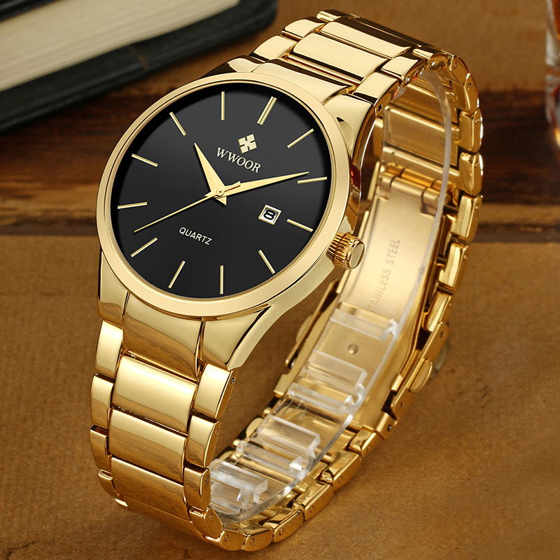 relojes hombre 2020 WWOOR Gold Watch Men Luxury Mens Quartz Wristwatch Business Watch Stainless Steel Waterproof Auto Date Clock CX200804