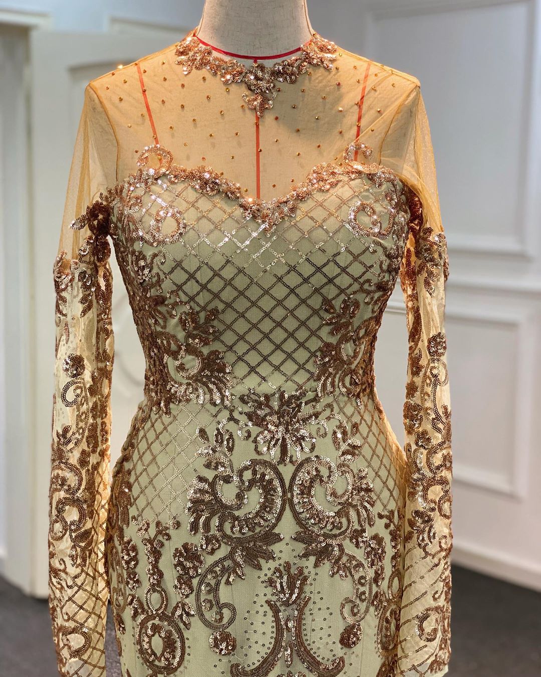 2020 Arabic Aso Ebi Gold Mermaid Sexy Evening Dresses Sheer Neck Prom Dresses Long Sleeves Formal Party Seccond Reception Gowns ZJ054