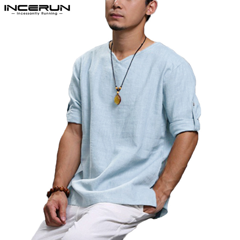 Plus Size 5XL Chinese Style T Shirt Men Solid Loose 3/4 Sleeve V-neck Tee Shirt Men Casual Cotton Vintage Mens T-shirt