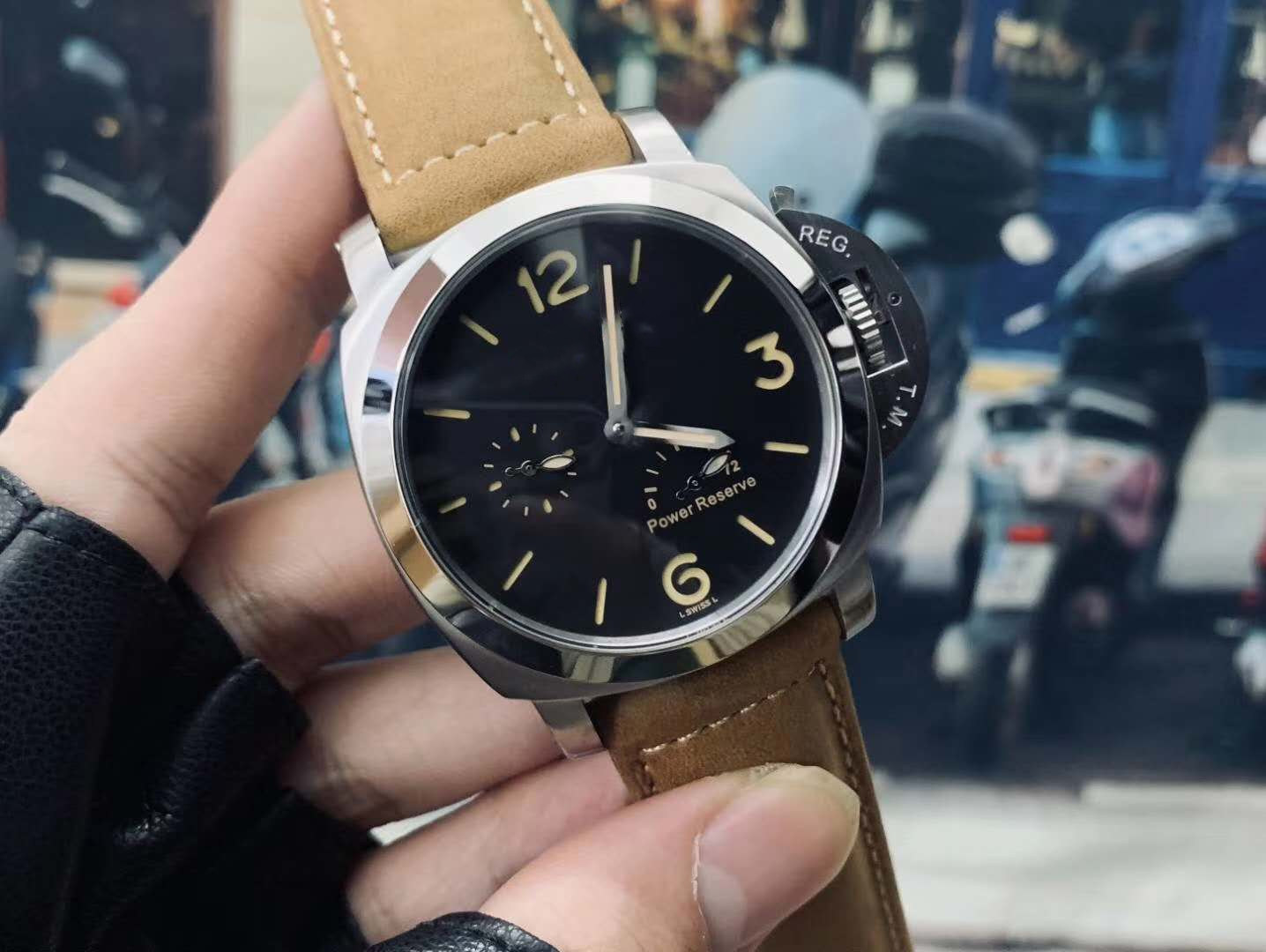 high-end men's black watch automatic mechanical silver case brown strap pin buckle 44MM top