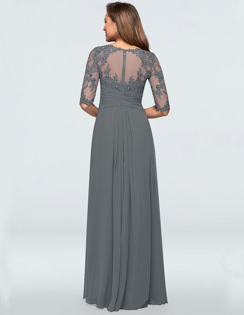 Mother's Dresses Gray Chiffon Mother of the Bride Groom Lace Dresses Half Sleeves Floor Length for Wedding Formal Party Gowns
