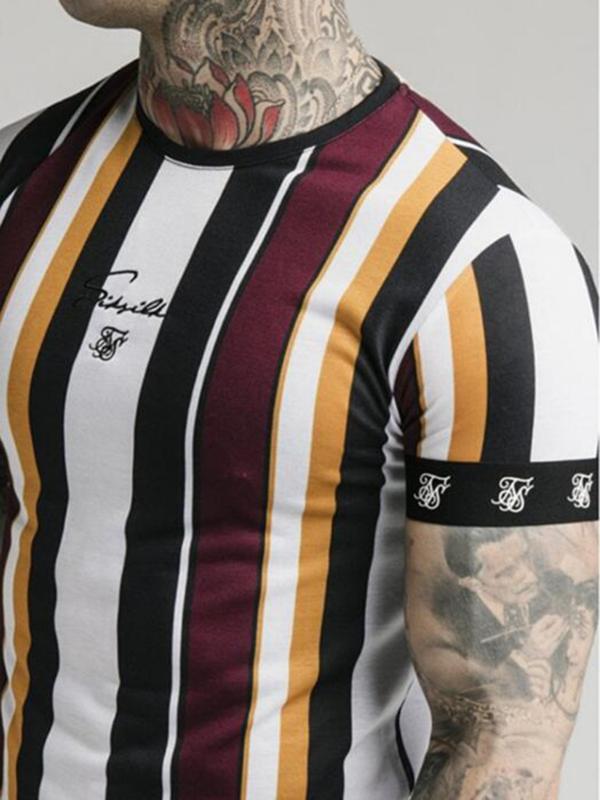 Summer Fashion Mens Street Hip-Hop Striped T-Shirt Sik Silk Printed Striped Round Neck Short Sleeve T-Shirt Polyester