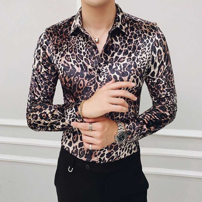 Flannel Shirts New 2020 Party Dress Club Outfits Slim Fit British Clothes Stylish Shirts Mens Velvet Leopard Printed Mens